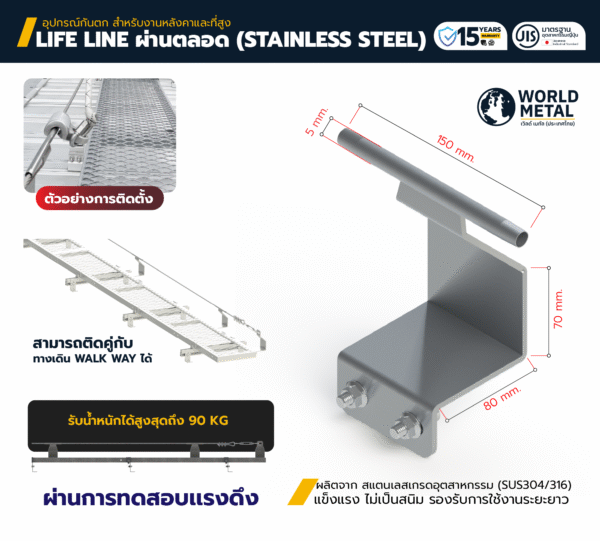 Lifeline ผ่านตลอด Stainless Steel สำหรับติดตั้ง Walkway ป้องกันการตกจากที่สูง แข็งแรง ทนทาน ไม่เป็นสนิม