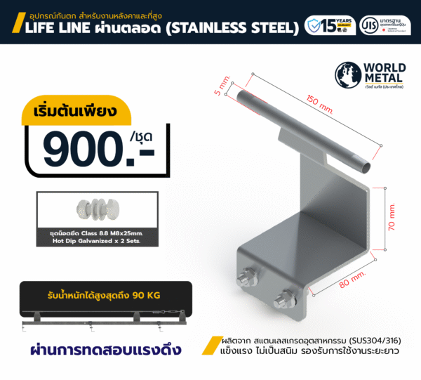 Lifeline ผ่านตลอด Stainless Steel ราคาเริ่มต้น 900 บาทต่อชุด สำหรับติดตั้ง Walkway ป้องกันการตกจากที่สูง แข็งแรง ทนทาน