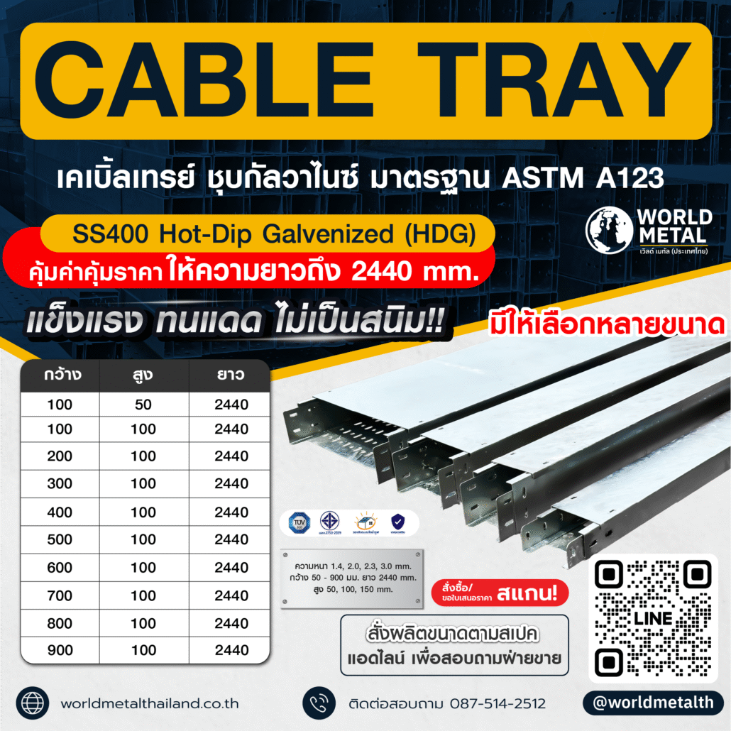 ตารางขนาดรางเดินสายไฟ Cable Tray HDG สำหรับงานโซลาร์และโรงงานอุตสาหกรรม