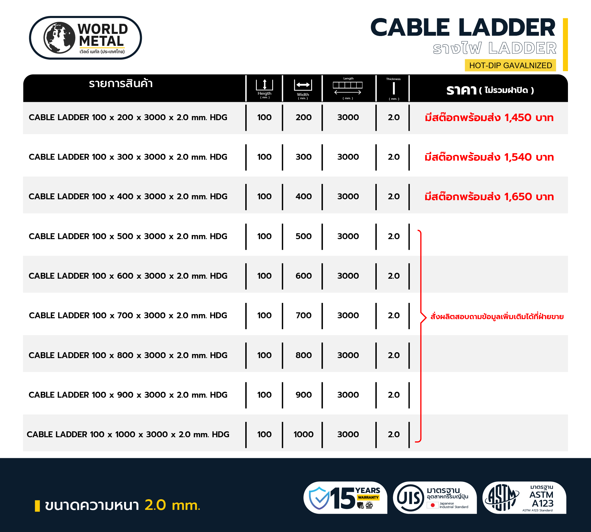 รางบันไดเดินสายไฟ Cable Ladder HDG สำเร็จรูป ชุบร้อน ASTM A123